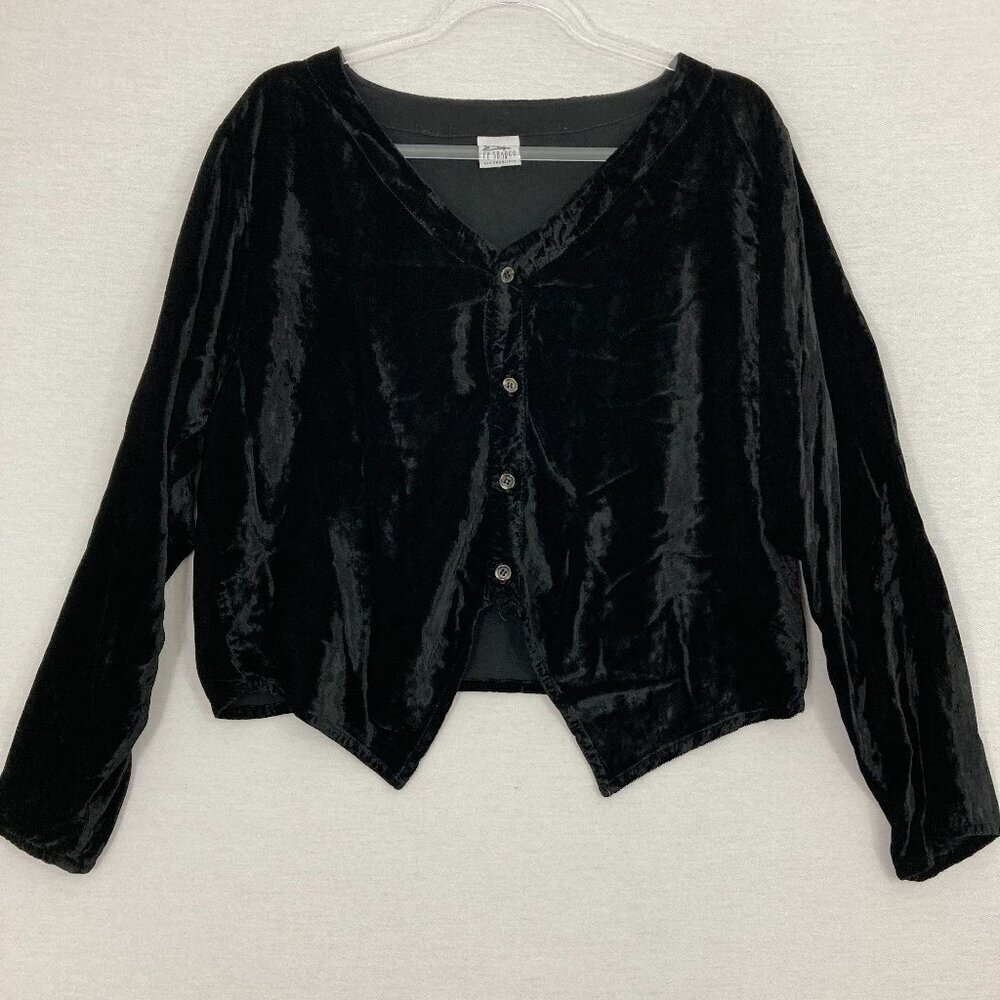 CP Shades Black V Neck Velvet Button Down Crop Long Sleeve Top Small Whimsigoth